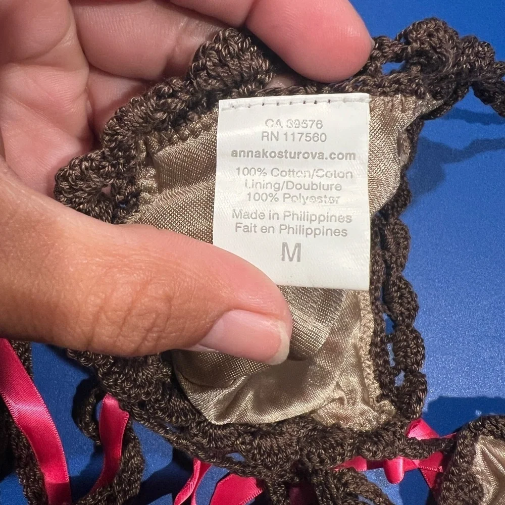 Anna Kosturova Y2K Brown Crochet Pink Ribbon Bikini Boho Hippie Beach - Picture 5 of 12